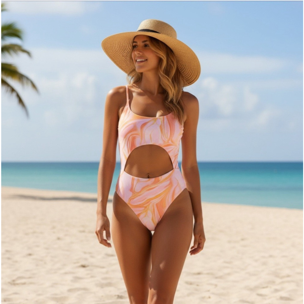 Aqua One piece Swimsuit Bathing Suit LARGE Pink Orange Yellow Swirl
